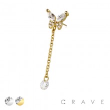 316L SURGICAL STEEL THREADLESS PUSH IN BUTTERFLY ROUND BEZEL CHAIN CZ TOP PART